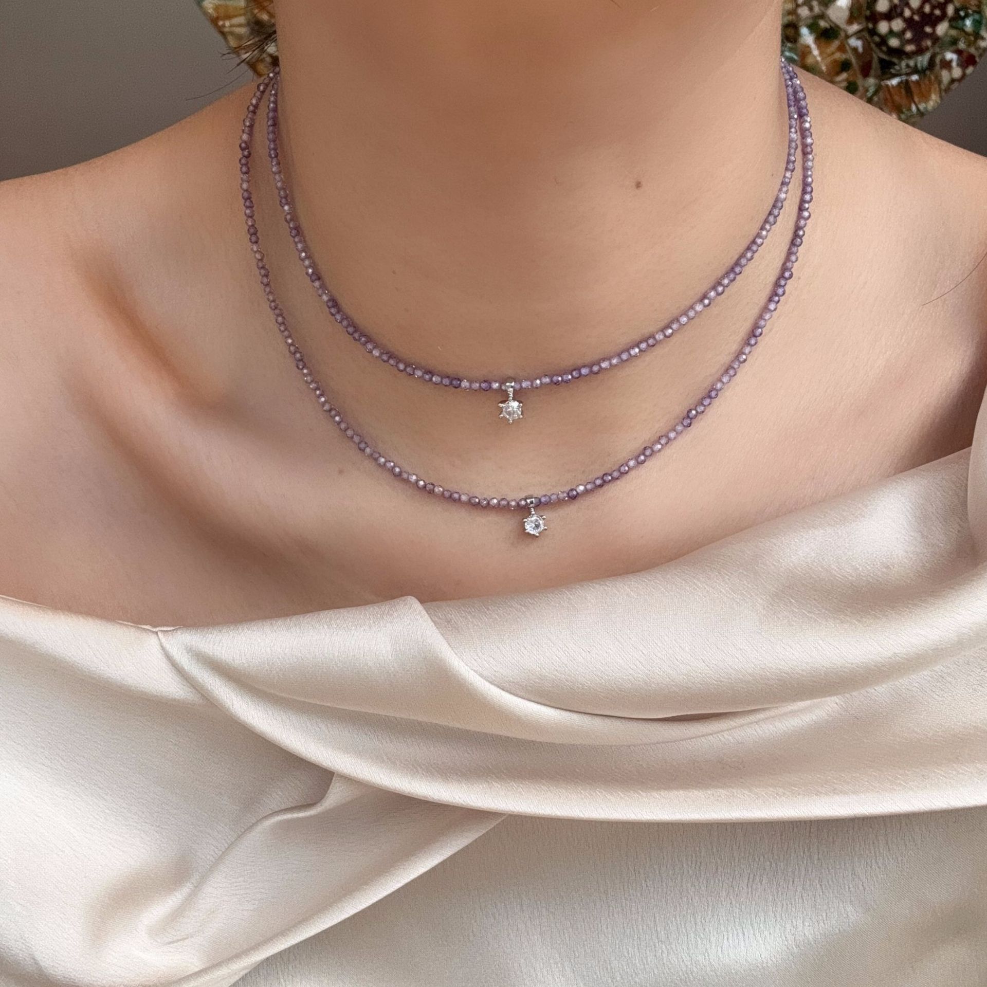 Purple lavender zirconia bead crystal necklace women's summer accessories niche accessories