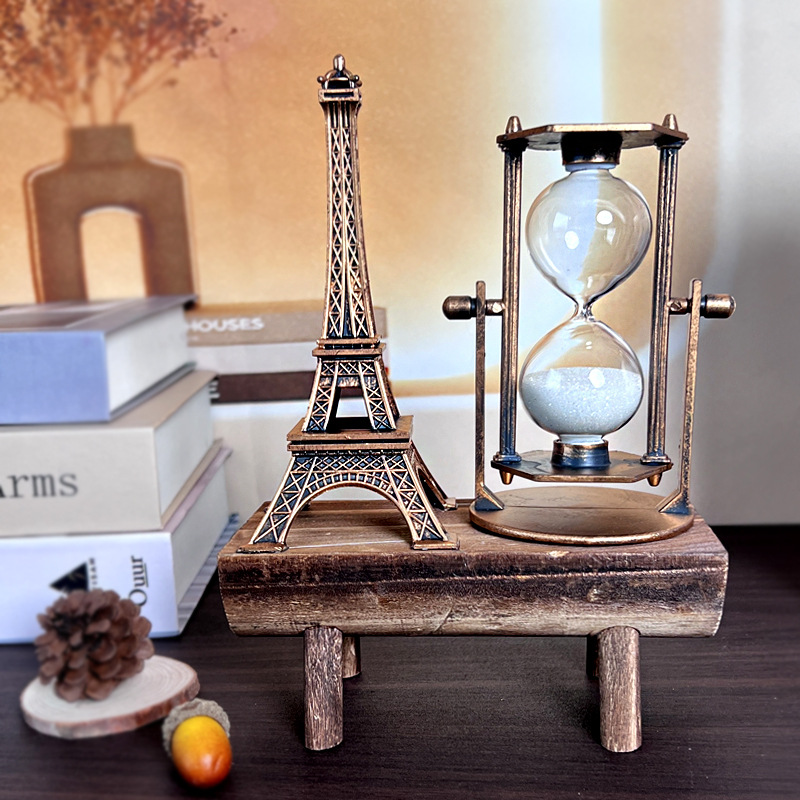 1047 Iron Tower Hourglass Ornament Simple Modern Home Study Wooden Base Hourglass Ornament
