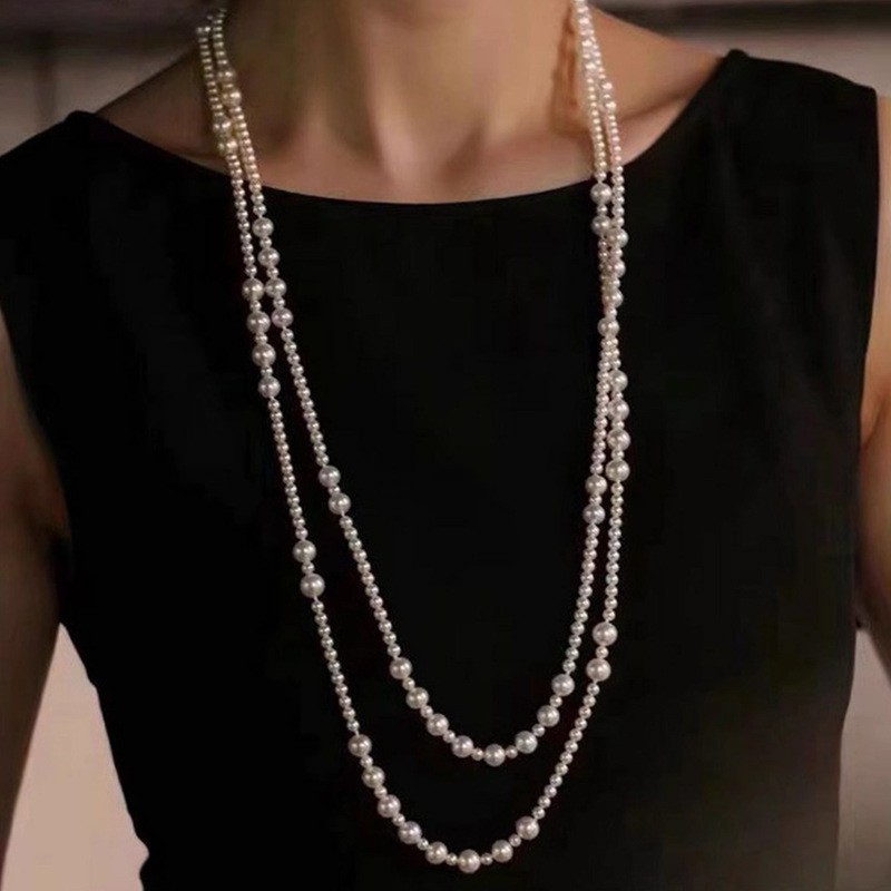 S family Australian white long pearl necklace women sweater chain 2024 new double layer multi-layer stacked neck chain