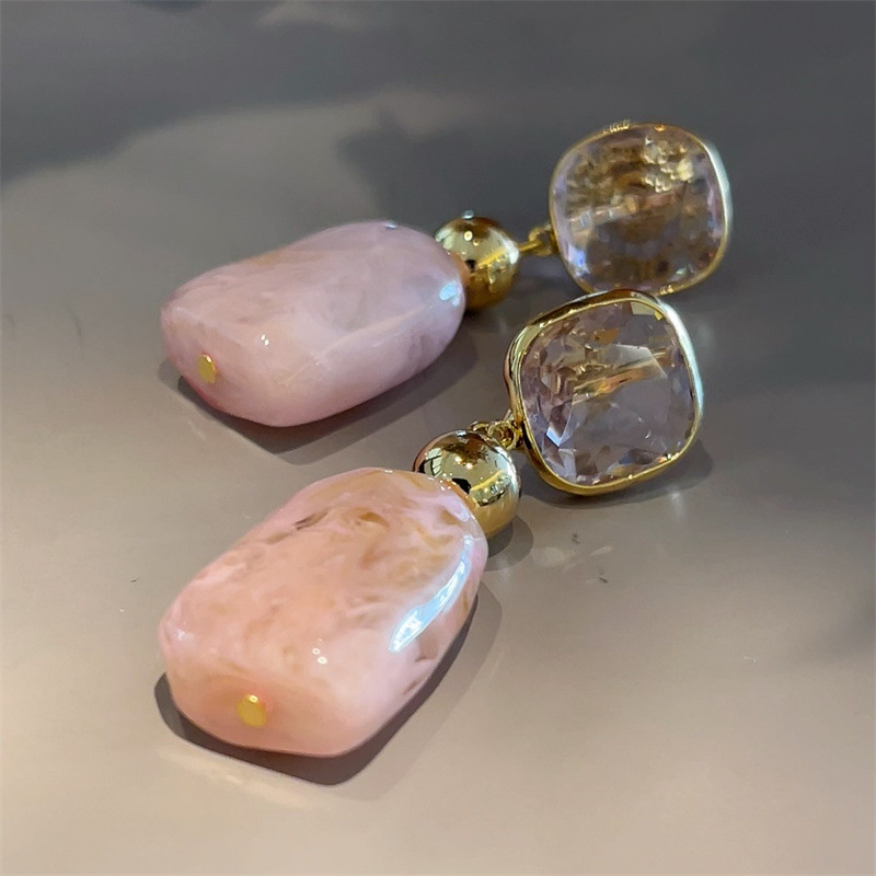 New 18K Metal Style Pink Jade Earrings 925 Silver Needle Sweet Simple Summer Ear Accessories