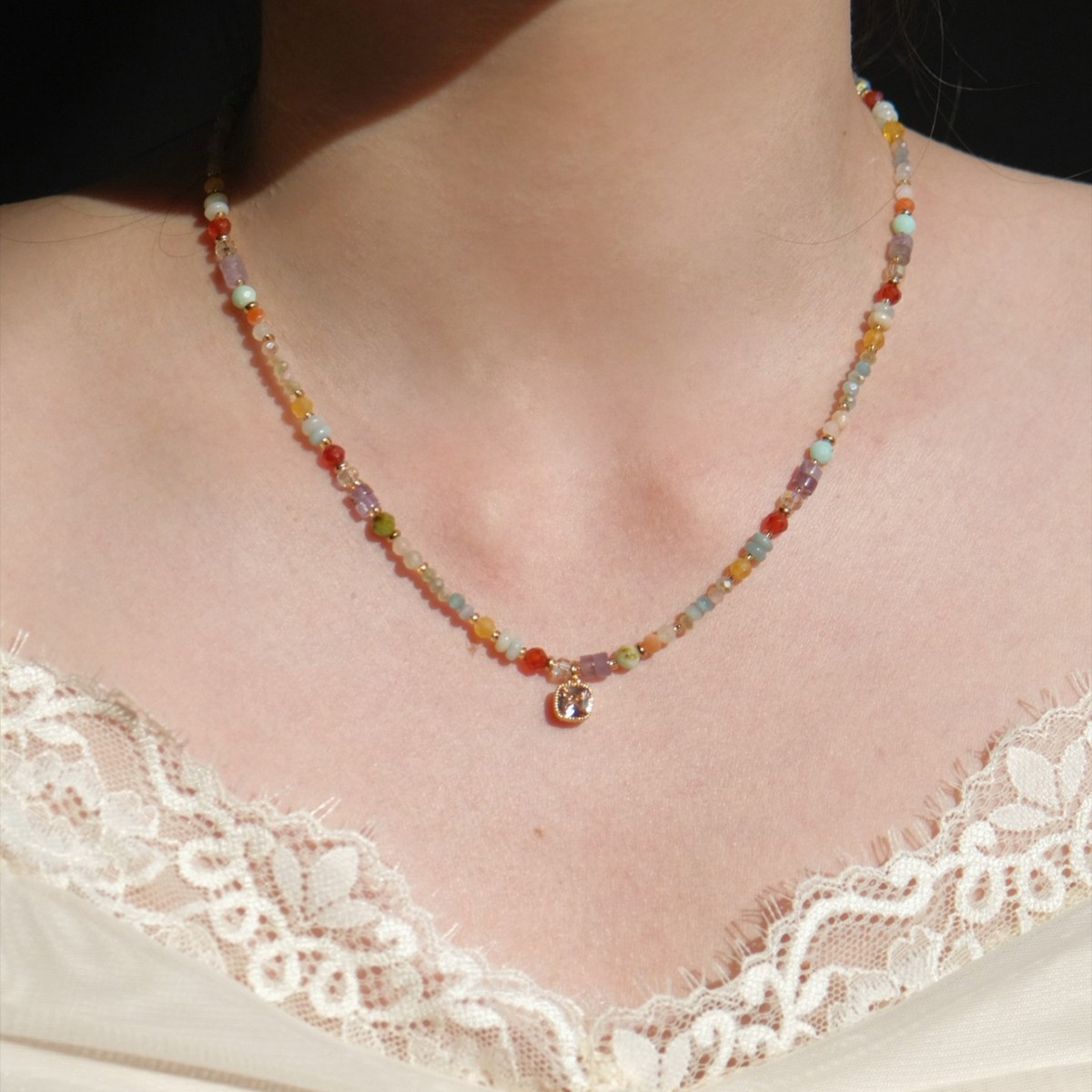 「Rainbow Dance」Rainbow bead necklace, collarbone chain, new summer dopamine neck chain