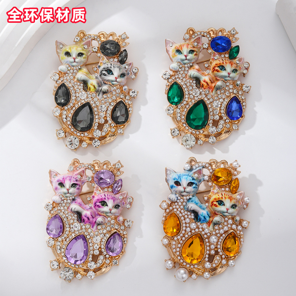 Rhinestone Double Cat Brooch Cute Animal Eco-Friendly Corsage Women's Pin Accessory