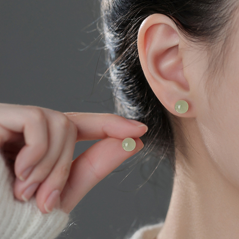 Natural Tian jade ear studs s999 pure silver earrings for women, delicate small ear studs, Chinese-style new Chinese-style ear accessories