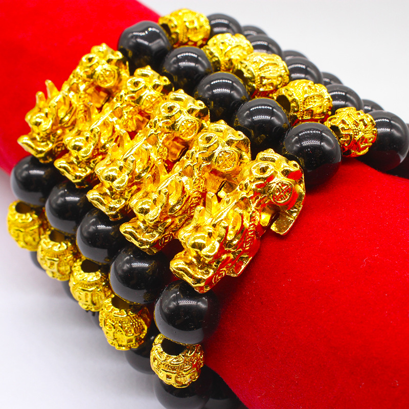 Ethnic style 12mm six-character mantra bracelet gold-plated Pi Xiu imitation obsidian large size men's leather ball bracelet