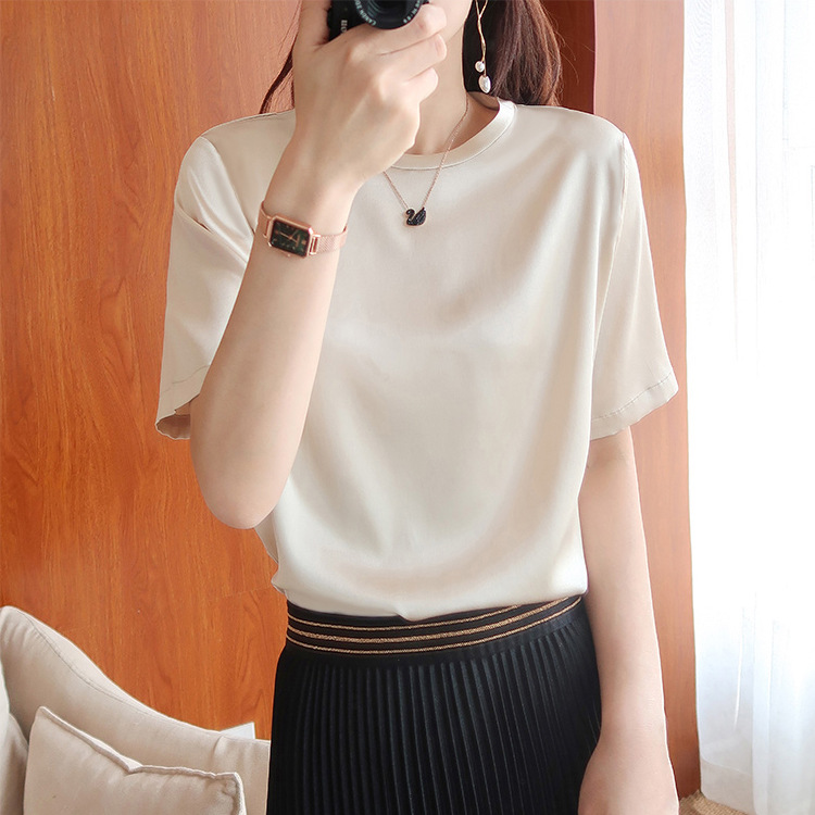 2026 Summer New S533 Loose Round Neck Heavyweight Silk Short Sleeve T-Shirt Satin Casual Top Women