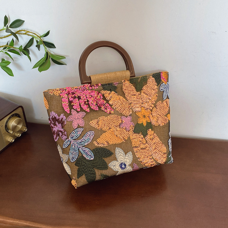 Linen Bamboo Knot Handle Bag 2025 New Chinese Style Women's Flower Large Capacity Handbag