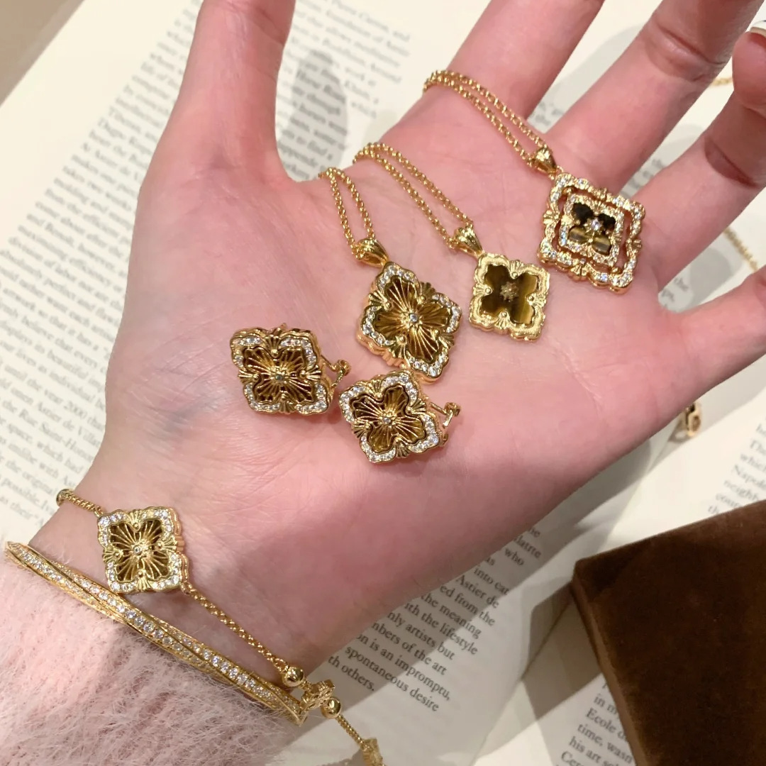 High version Italian Buccellati tiger eye four-leaf clover bracelet opera earrings court style diamond-set necklace set