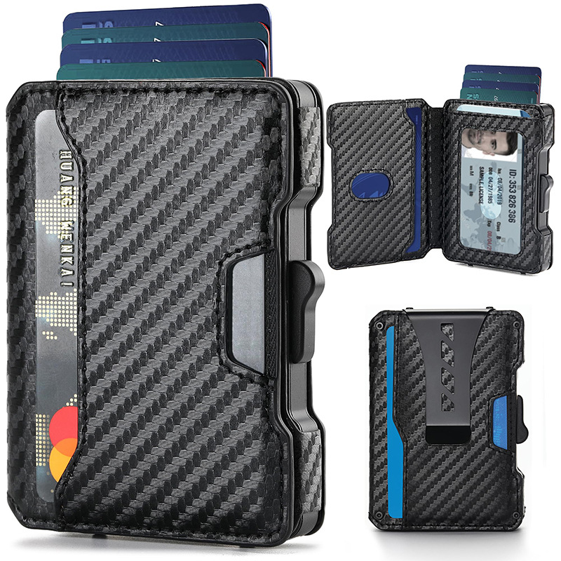 One-Click Pop-Up Metal Genuine Leather Card Holder RFID Anti-Theft Function Multi-Card Slot Men's Wallet