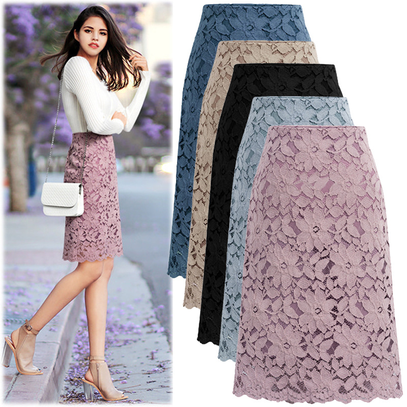 Skirt spring and summer plus size water-soluble lace skirt very fairy French niche a-line skirt mid-length hip-hugging skirt