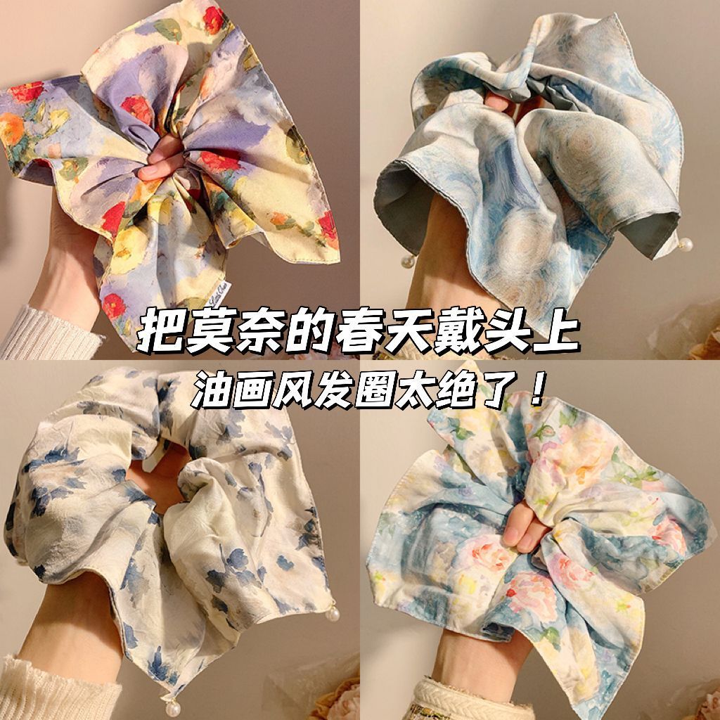 Oil painting texture square scarf hair tie new durable elastic hair accessory