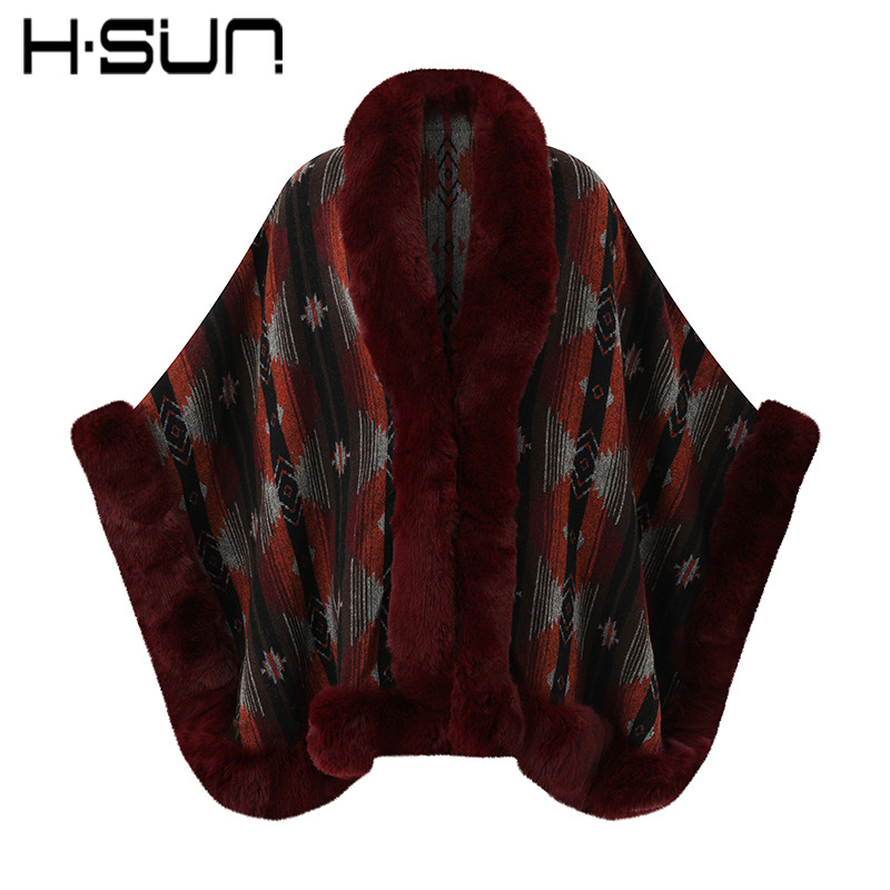 Autumn and Winter Large Loose Imitation Rabbit Fur Collar Split Knit Sweater Women's Poncho Cape Warm Cape Coat