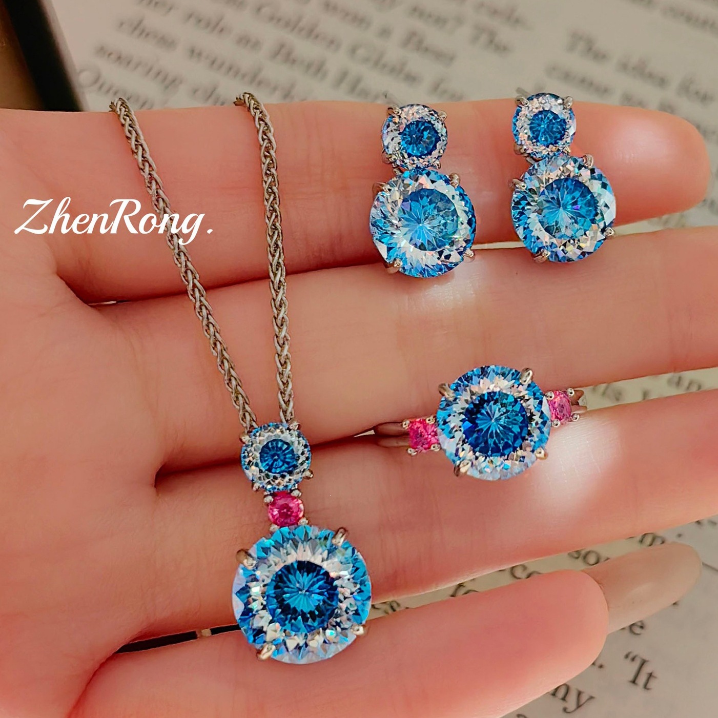 炫彩 pink diamond color gem set brilliant fire cut Paraiba pendant open ring Tanzanite blue earrings women copper