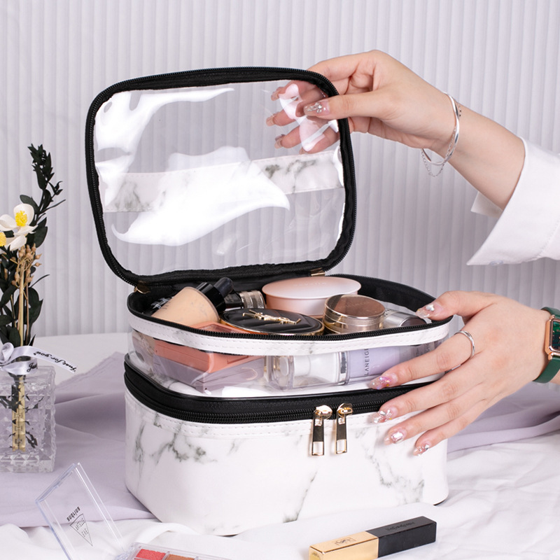 New Marble Transparent Leopard Print Double-Layer Cosmetic Bag Waterproof Portable Toiletry Bag Storage Bag for Women