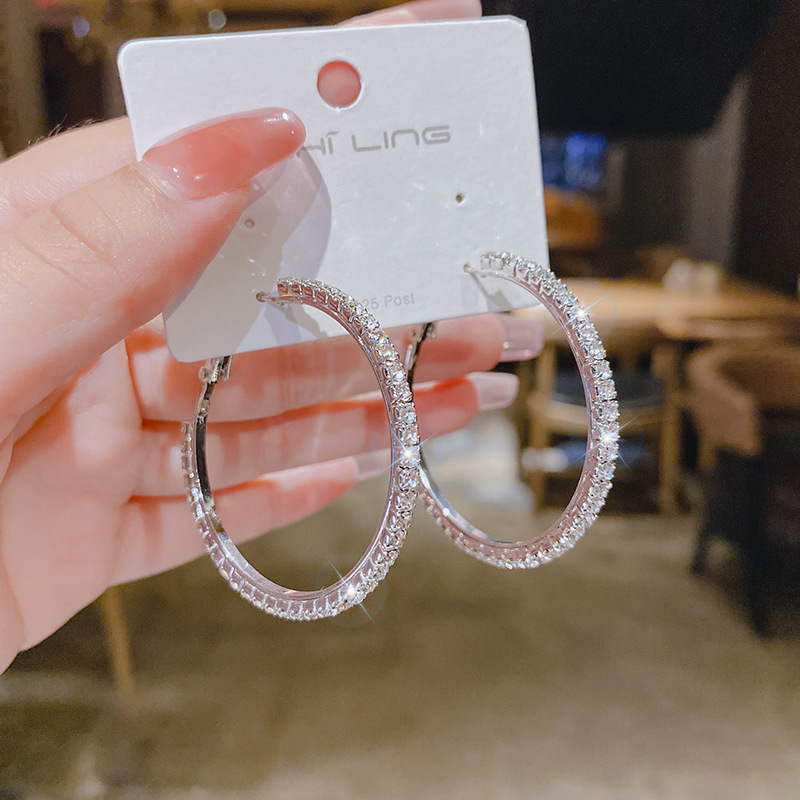 S925 silver needle super shiny large hoop earrings claw chain rhinestone ear studs for round face