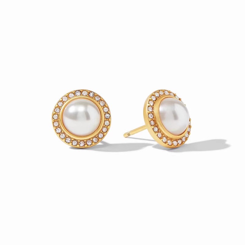 Accessories JV matte gold round diamond inlaid artificial pearl simple ear studs 925 silver pin