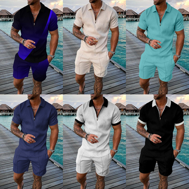 2026 New Men's Casual Sports Suit Summer Short Sleeve Polo Shirt Shorts Two Piece Set Color Block Print