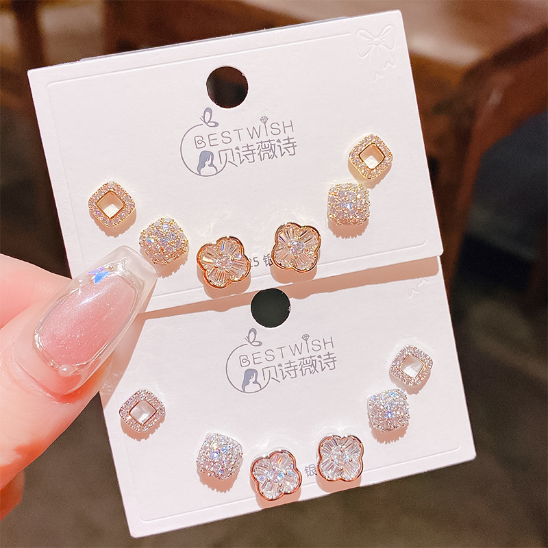2026 flower geometric zircon exquisite three pairs of earrings, 6-piece set earrings