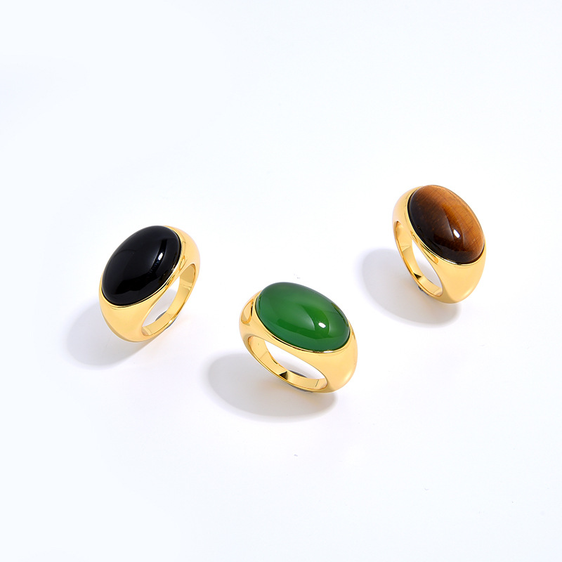 Monica Modern S925 Silver Gold-Plated Oval Natural Agate Niche Ring