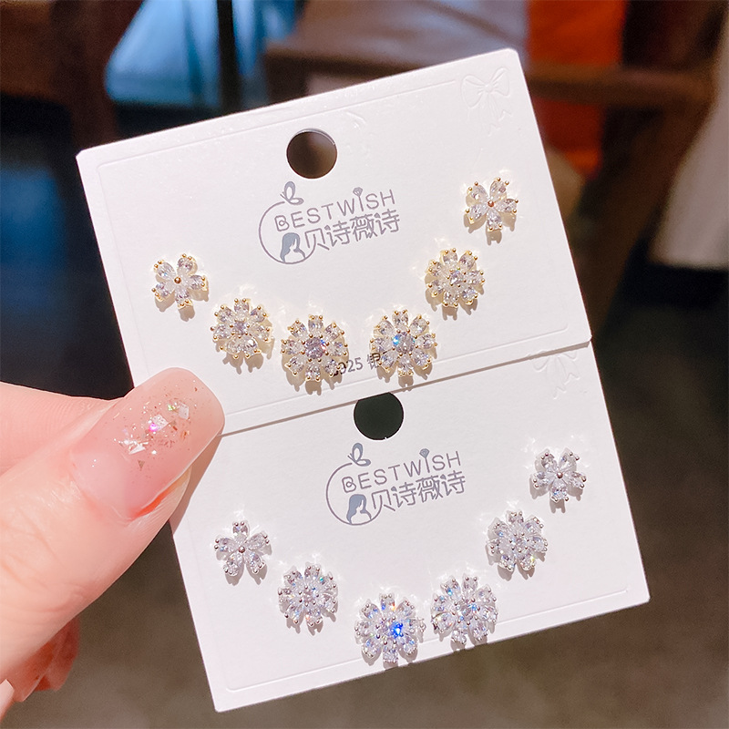 2026 new exquisite fire flower zircon small earrings three pairs, women's silver needle earring accessories set