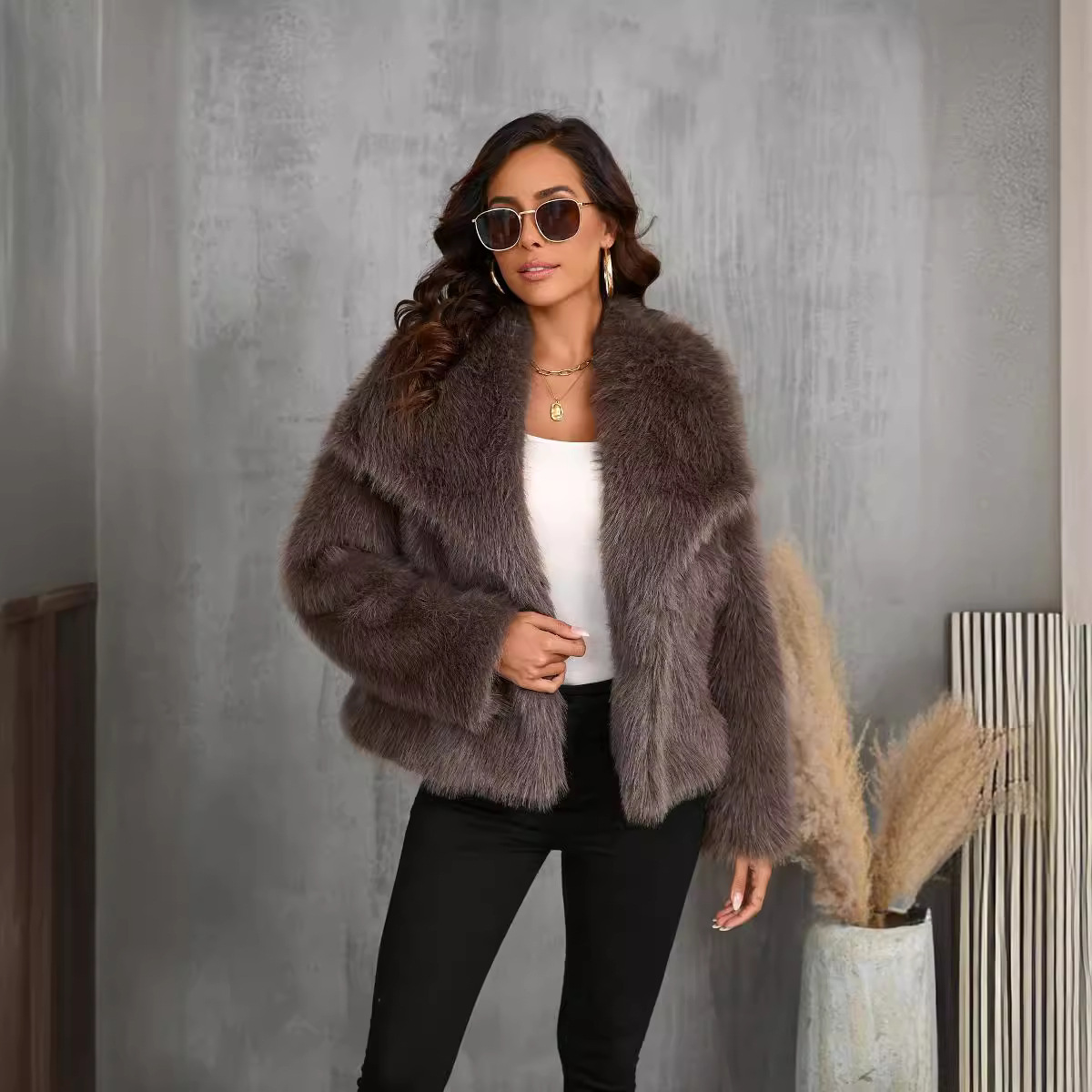 Fur large lapel faux fur jacket short fox fur fur jacket fluffy plush women's clothing