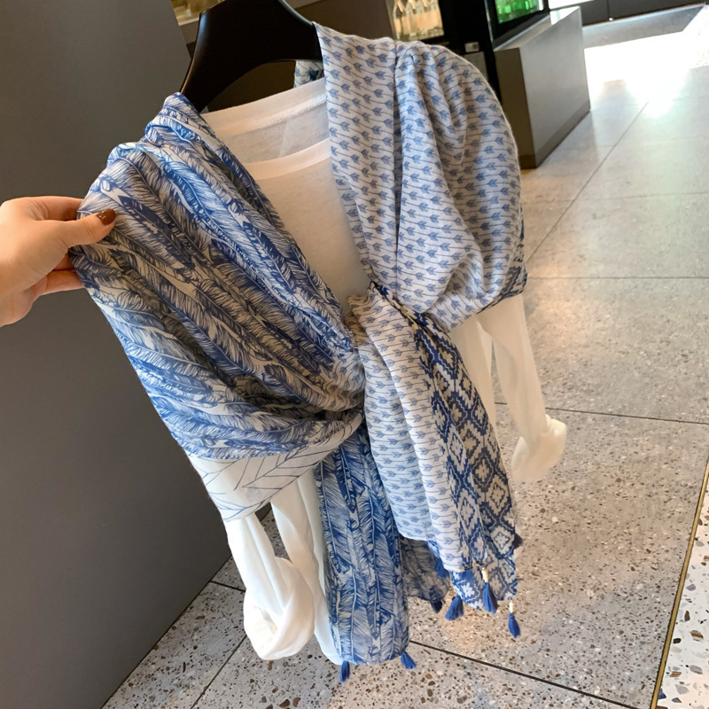 Scarf for women, summer thin gauze scarf, cotton-linen scarf, blue feather tassel beach towel sunscreen shawl