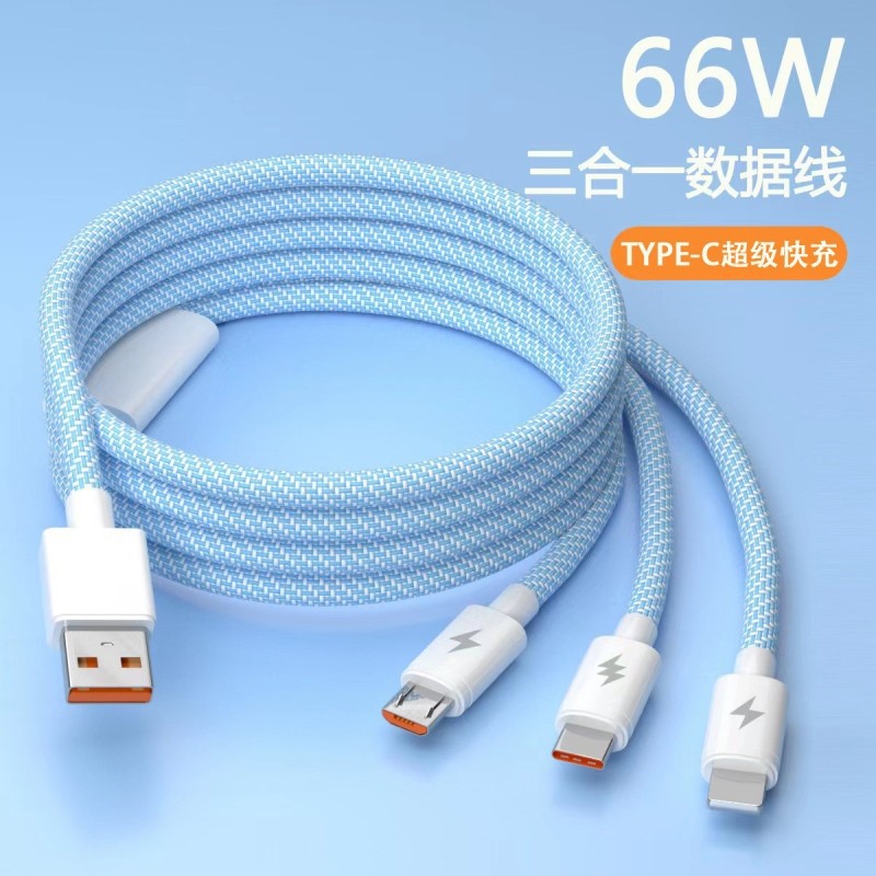 120W Data Cable 3-in-1 Charger One-to-Three Braided Car Multi-Head for Apple Android Huawei 6A