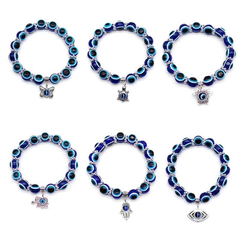 Evil Eye Bracelet Butterfly Elephant Hand of Fatima Pendant Resin Beaded Bracelet