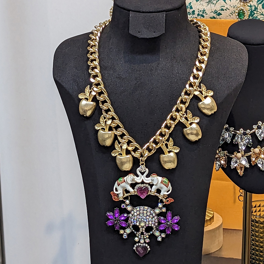 Retro Vintage Elephant Apple Floral Exaggerated Colored Diamond Punk Skull Necklace