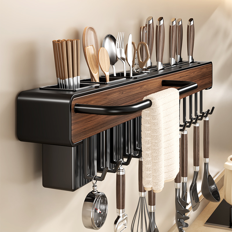 Kitchen Wood Grain Knife Rack Storage Rack No-Drill Wall-Mounted Chopstick Holder Knife and Spatula Spoon Storage Rack Chopstick Tube