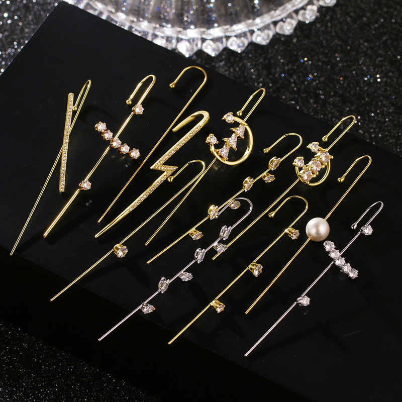 Fairy copper zircon gold earrings women ear cuff oblique line ear hook