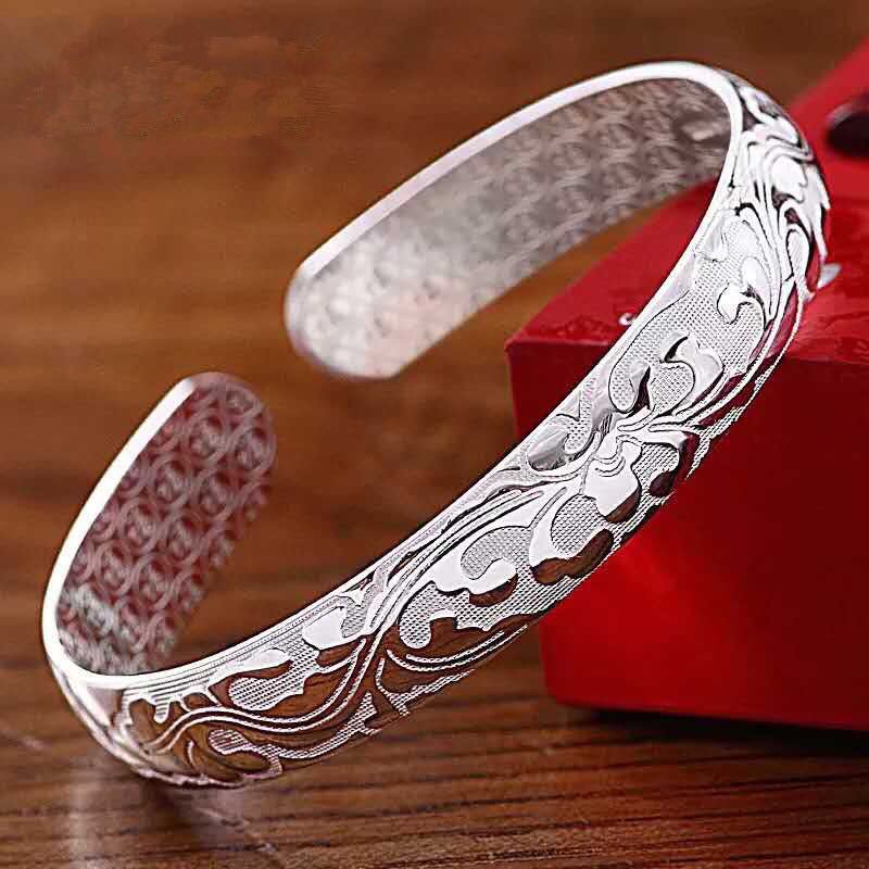 Flourishing pattern silver-plated bracelet lotus Miao silver open wide bracelet women's ethnic style jewelry stall