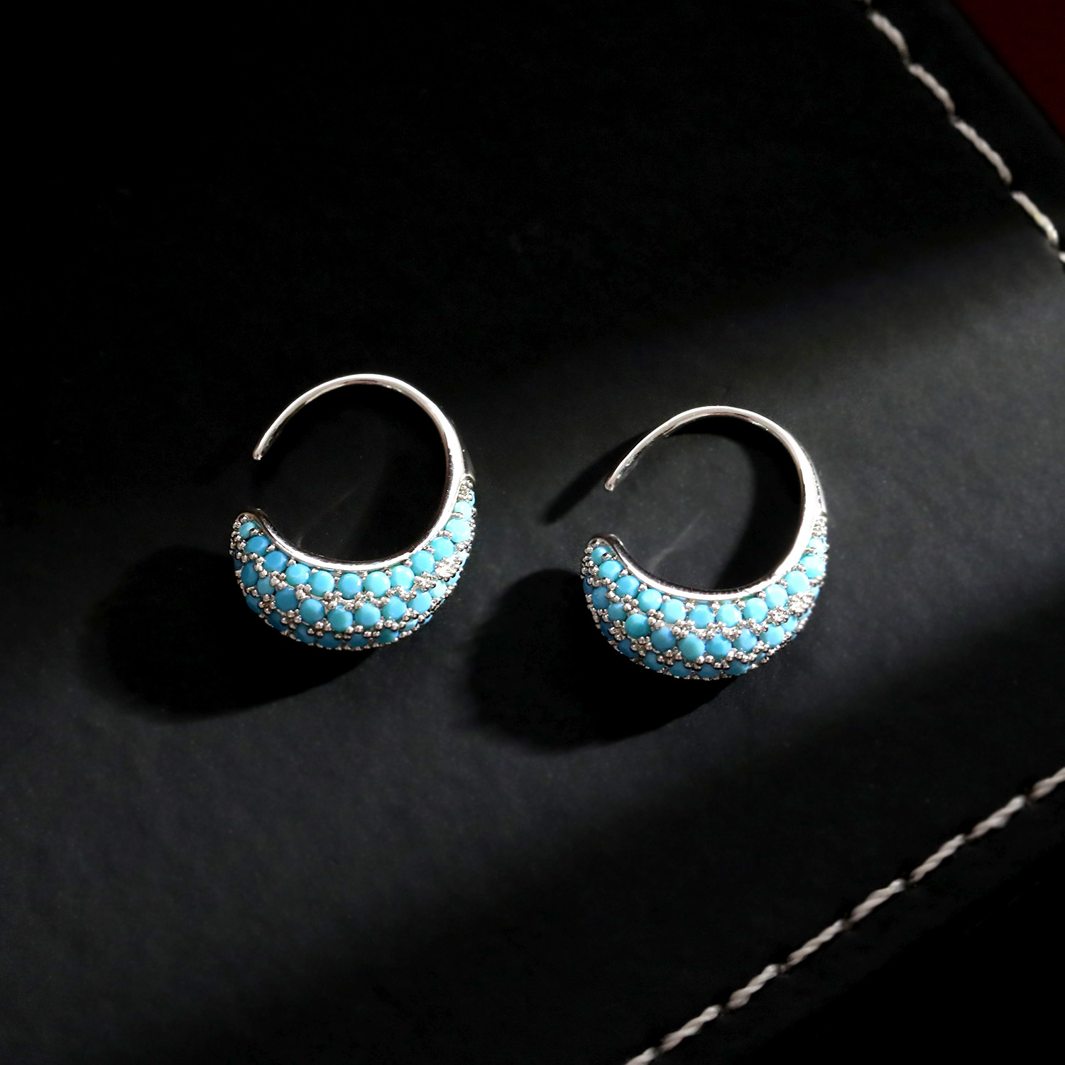 Chinese Design Flower Basket Turquoise Earrings Women Full Diamond Inlaid Ear Studs C-Type Ear Buckle Earrings