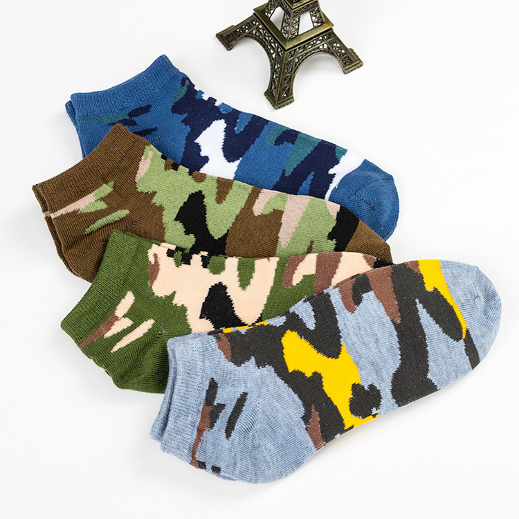 Socks, men's spring new polyester cotton invisible boat socks, military green camouflage sports socks, casual men's socks