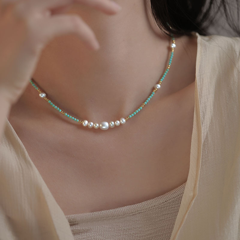 Natural freshwater pearl turquoise bead necklace for women, summer niche collarbone neck chain accessory