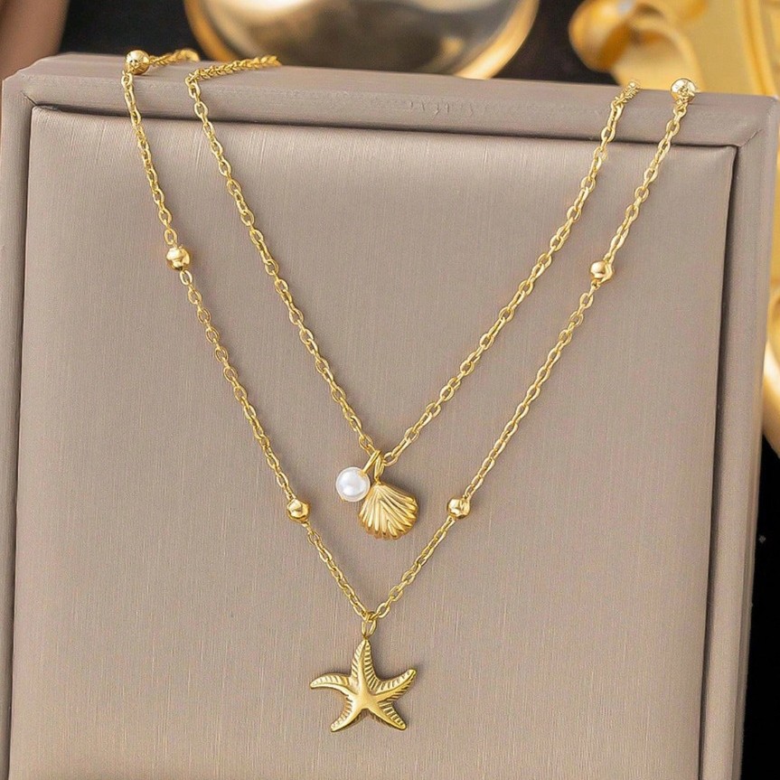 New Sea Star Shell Pearl Pendant Necklace Small Clavicle Chain for Women