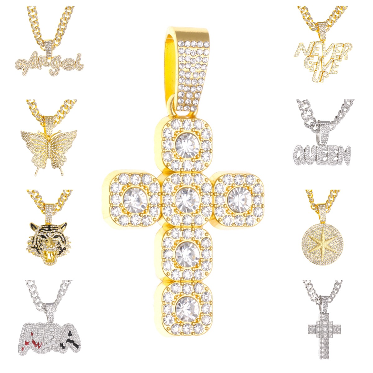 Gangster hip-hop full diamond pendant exaggerated alloy Cuban chain necklace pendant diamond-embedded cross