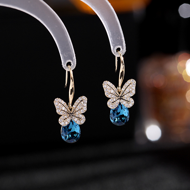 Zircon-Inlaid Blue Crystal Butterfly Ear Hooks Earrings Commute Niche Earrings