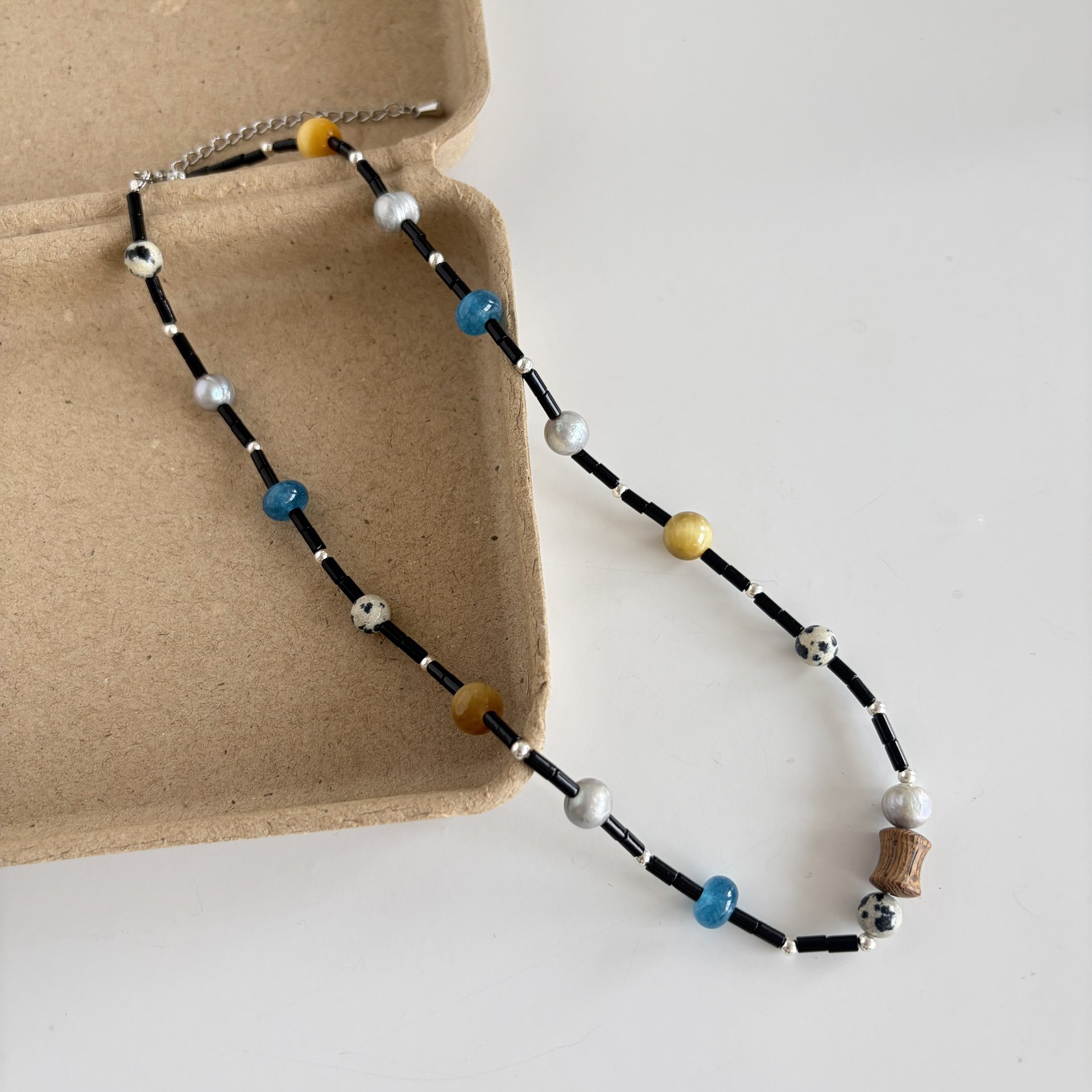 Natural Agate Pearl Speckled Stone Silver Blue Gray Asteroid Simple Beaded Necklace for Women