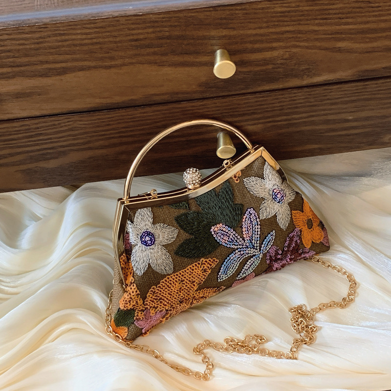Women's Bag New Linen Bag Heavy Sequins Mesh Splicing Embroidery Clutch Evening Bag Elegant Handbag