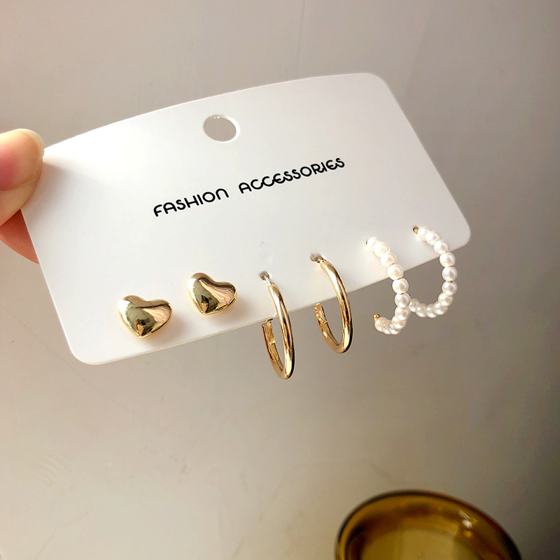 S925 silver needle simple heart-shaped ear studs C-shaped pearl earring three-piece set ear accessories 2664