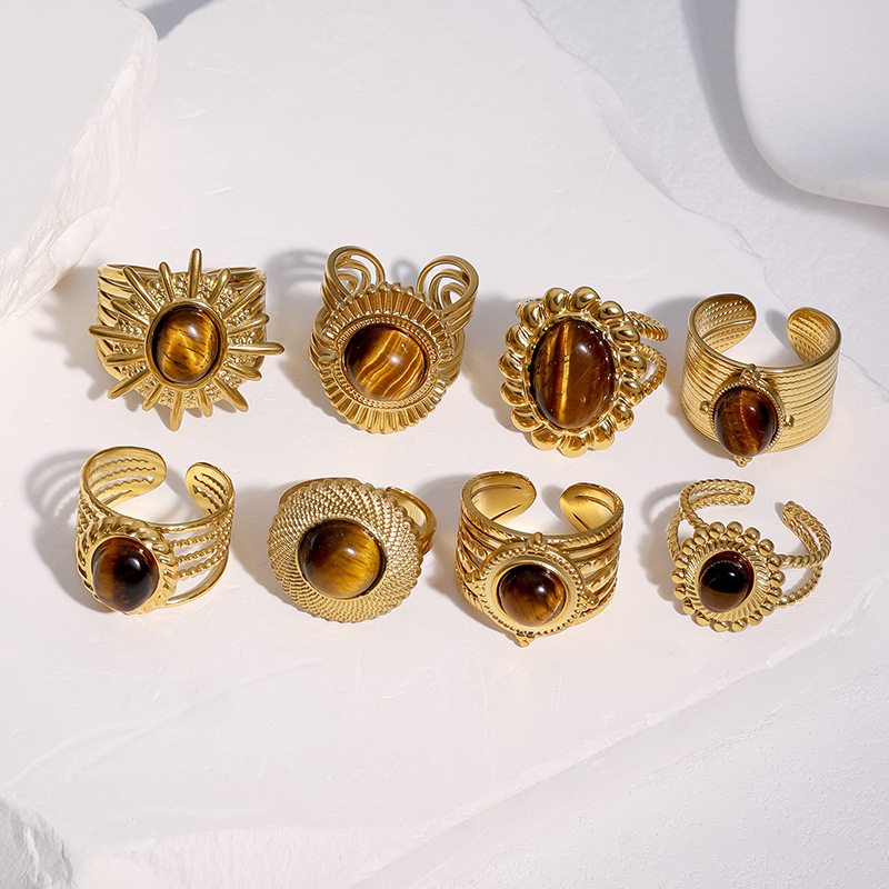 Titanium steel open ring 18k gold stainless steel tiger eye stone hand jewelry