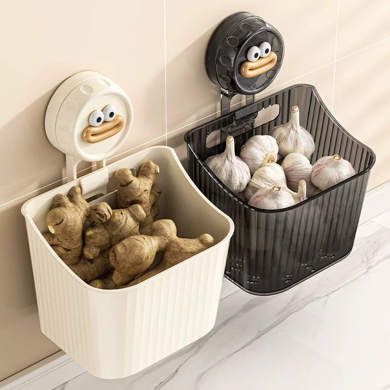 Garlic ginger onion storage rack suction kitchen storage basket wall-mounted no-drill shelf ginger garlic small hanging basket