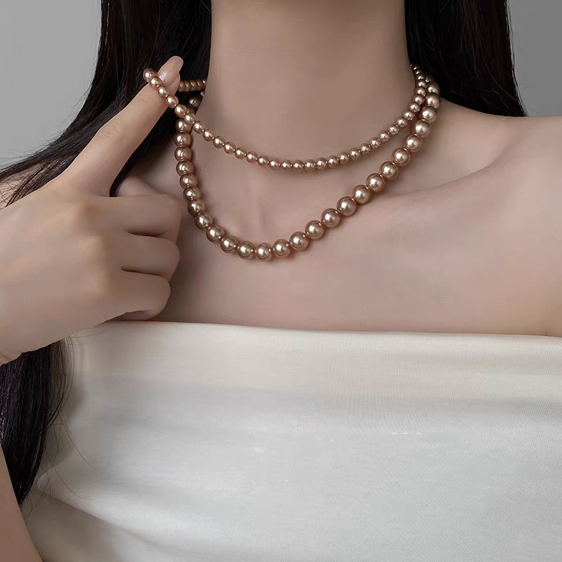 Swarovski Champagne Color Pearl Necklace for Women, Small Clavicle Chain, Sweater Chain, Neck Chain Elegant