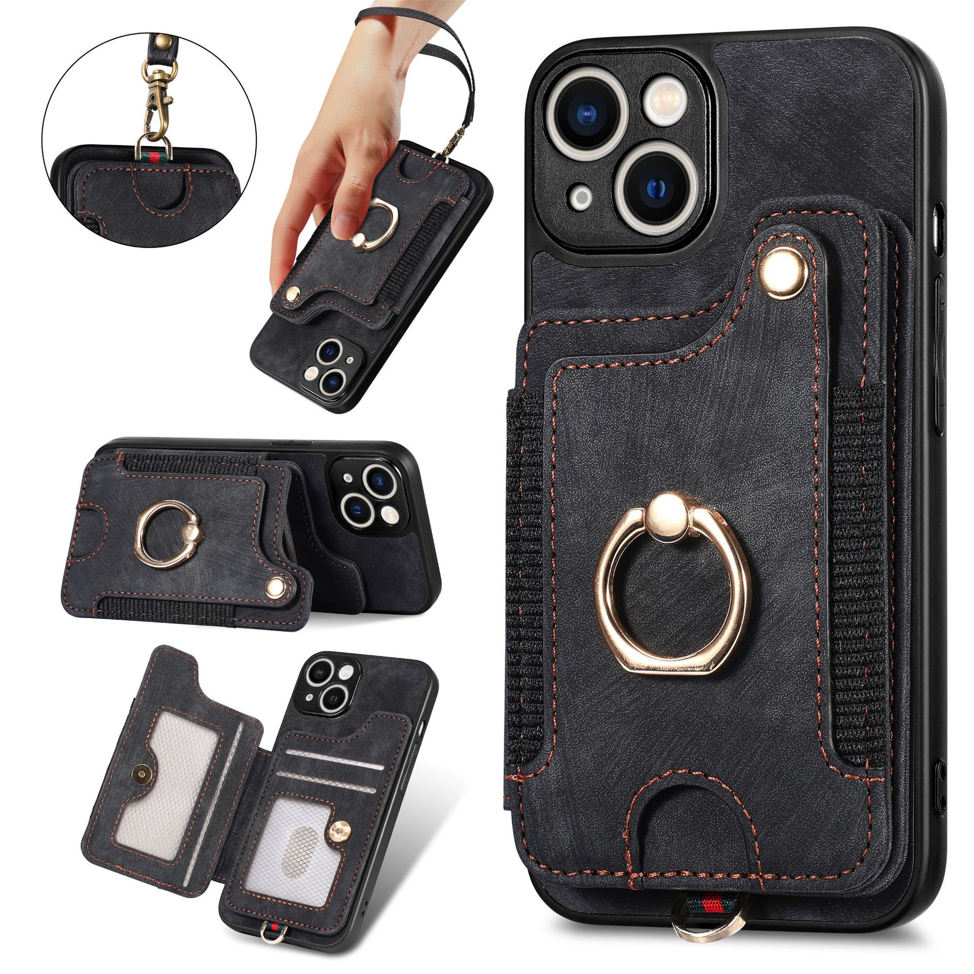 For iPhone18 phone leather case RFID anti-skimming ring buckle lanyard multifunctional card holder Apple phone