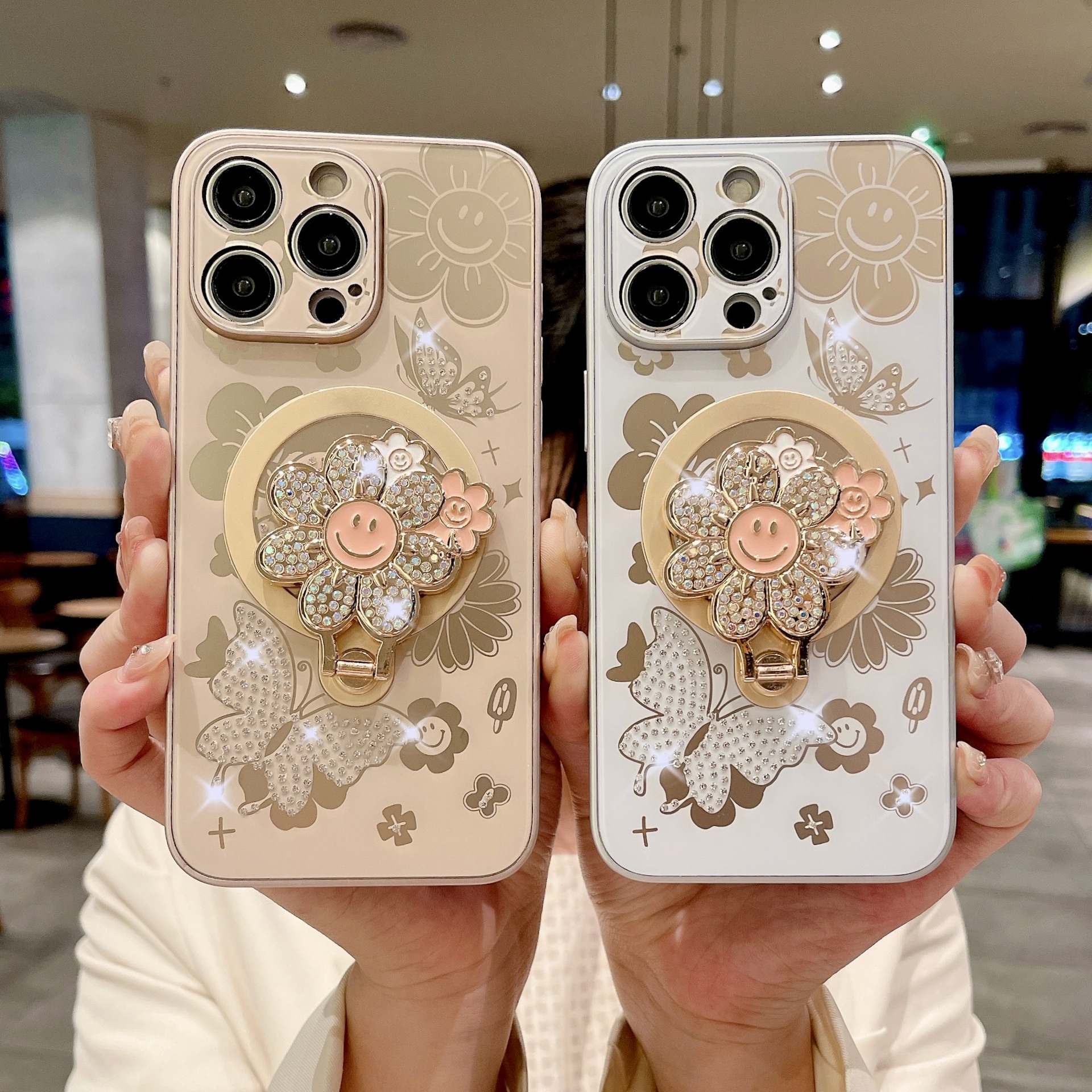 Compatible with iPhone 17 Pro Max phone case Apple 15 14 13 protective case rhinestone butterfly like flower magnetic bracket