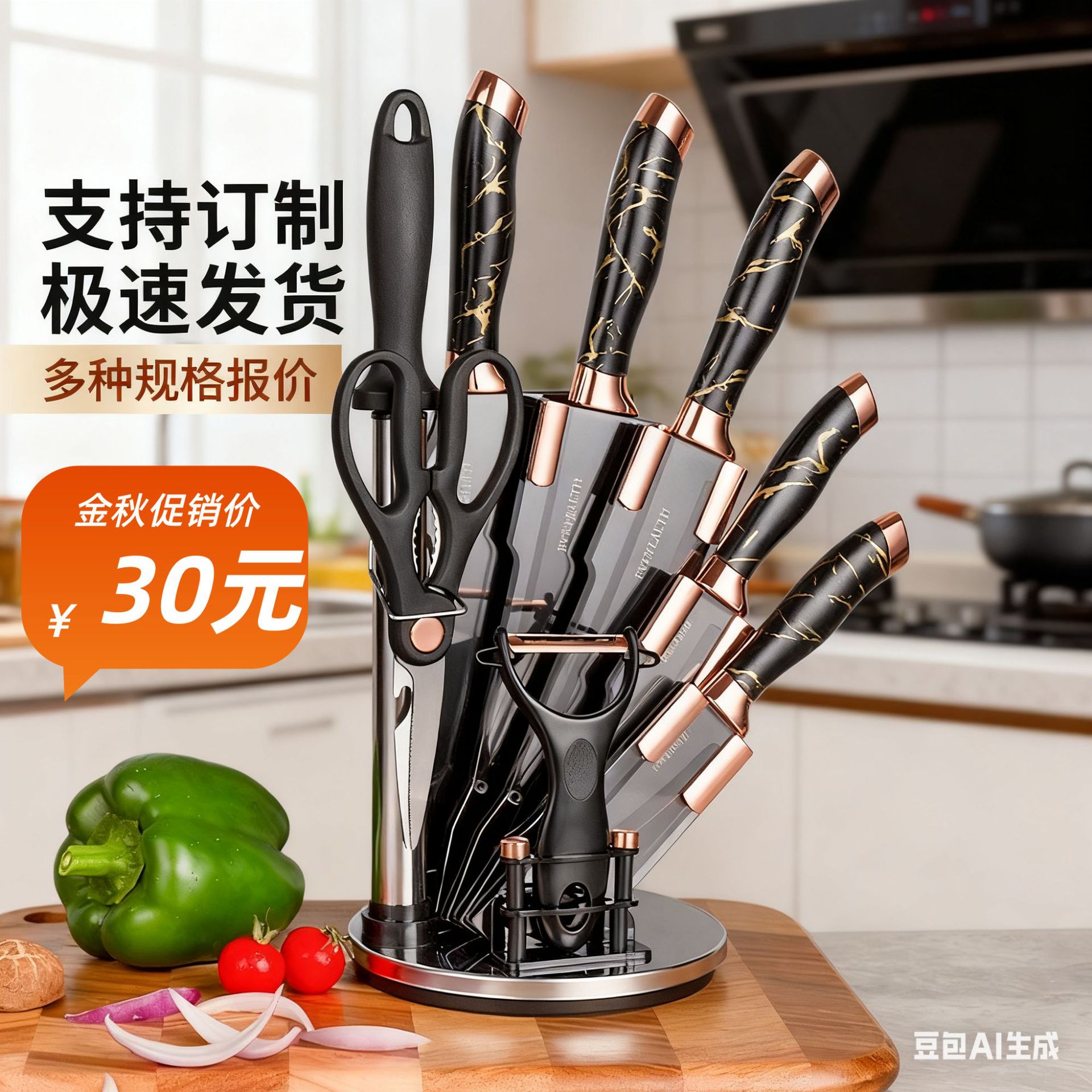 Stainless Steel Spray Painted Knife Set Storage Rack Rose Gold Nine-Piece Set Marble Pattern Home Knife Set Combination