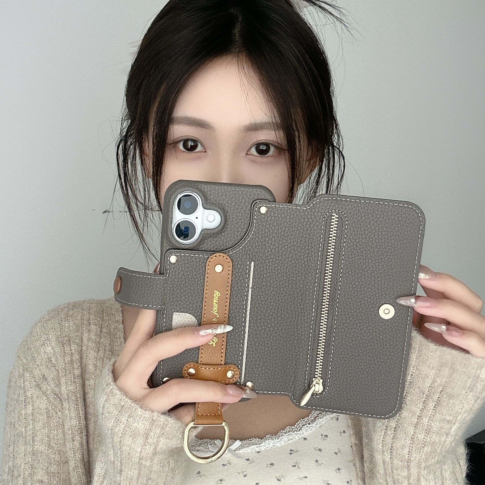 Litchi grain faux leather back adhesive flip phone leather case for Apple 18 phone case card slot iPhone18 shell