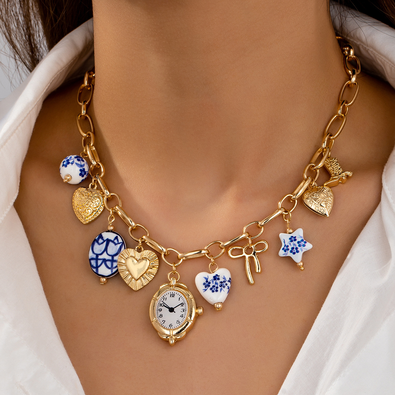 Qingdao Daiwei Accessories Clock Cherry Heart Pendant Necklace Summer Seaside Beach Cute Sweet Style Necklace