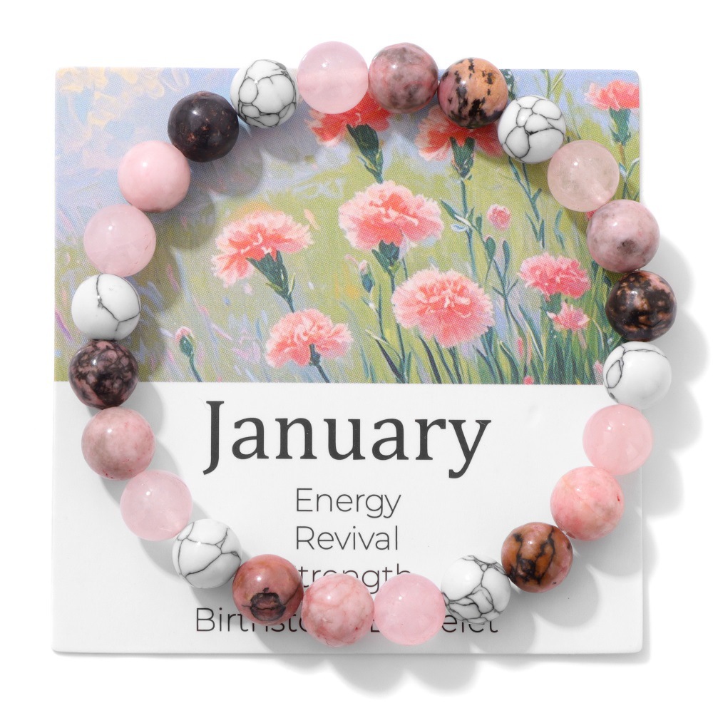 Twelve-month flower bracelet 8mm stone beads amethyst elastic unisex bracelet