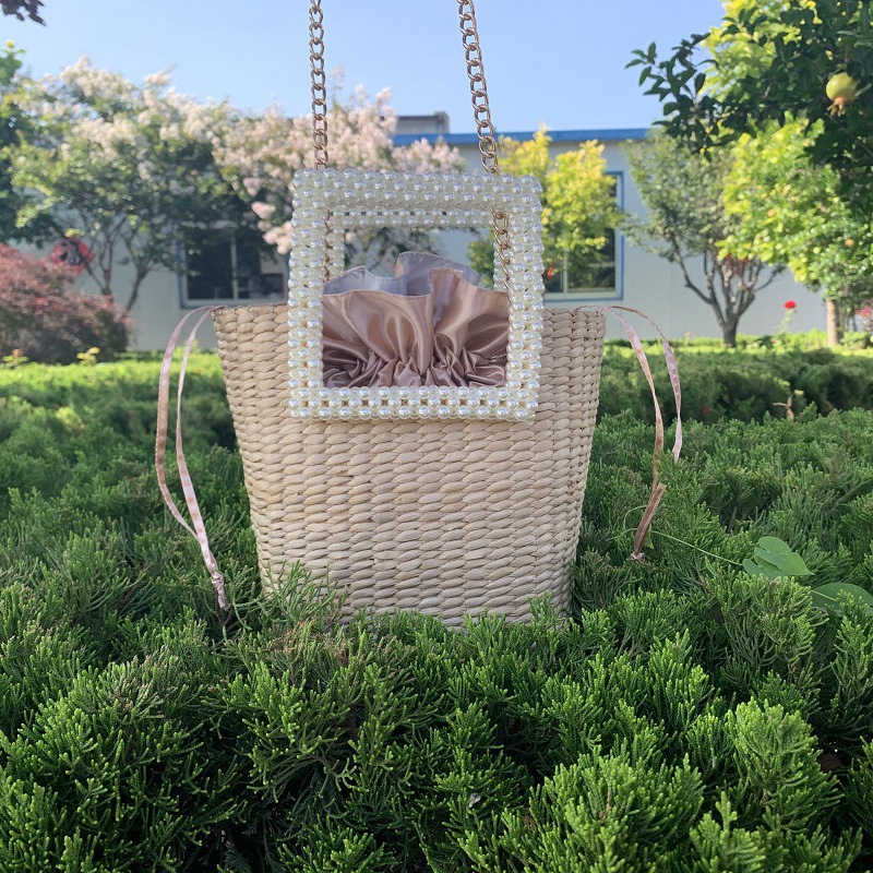 Summer Pearl Handle Straw Women's Bag Shoulder Crossbody Chain Bag Handbag